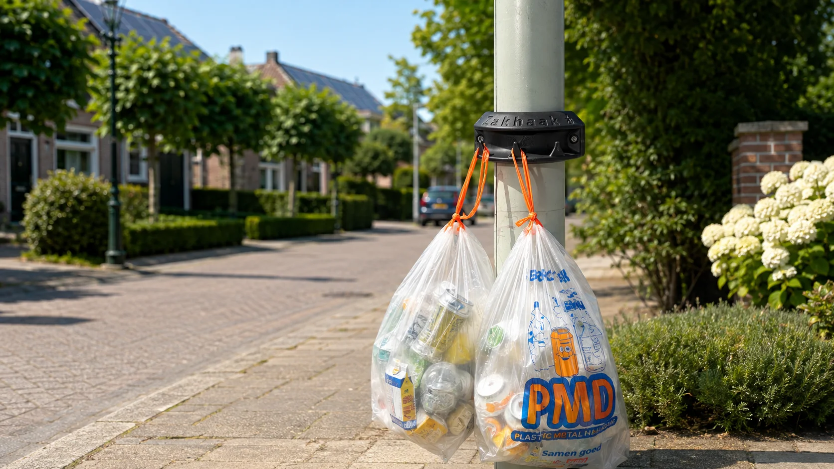 Zakhaak met twee PMD-zakken aan een lantaarnpaal in een woonwijk